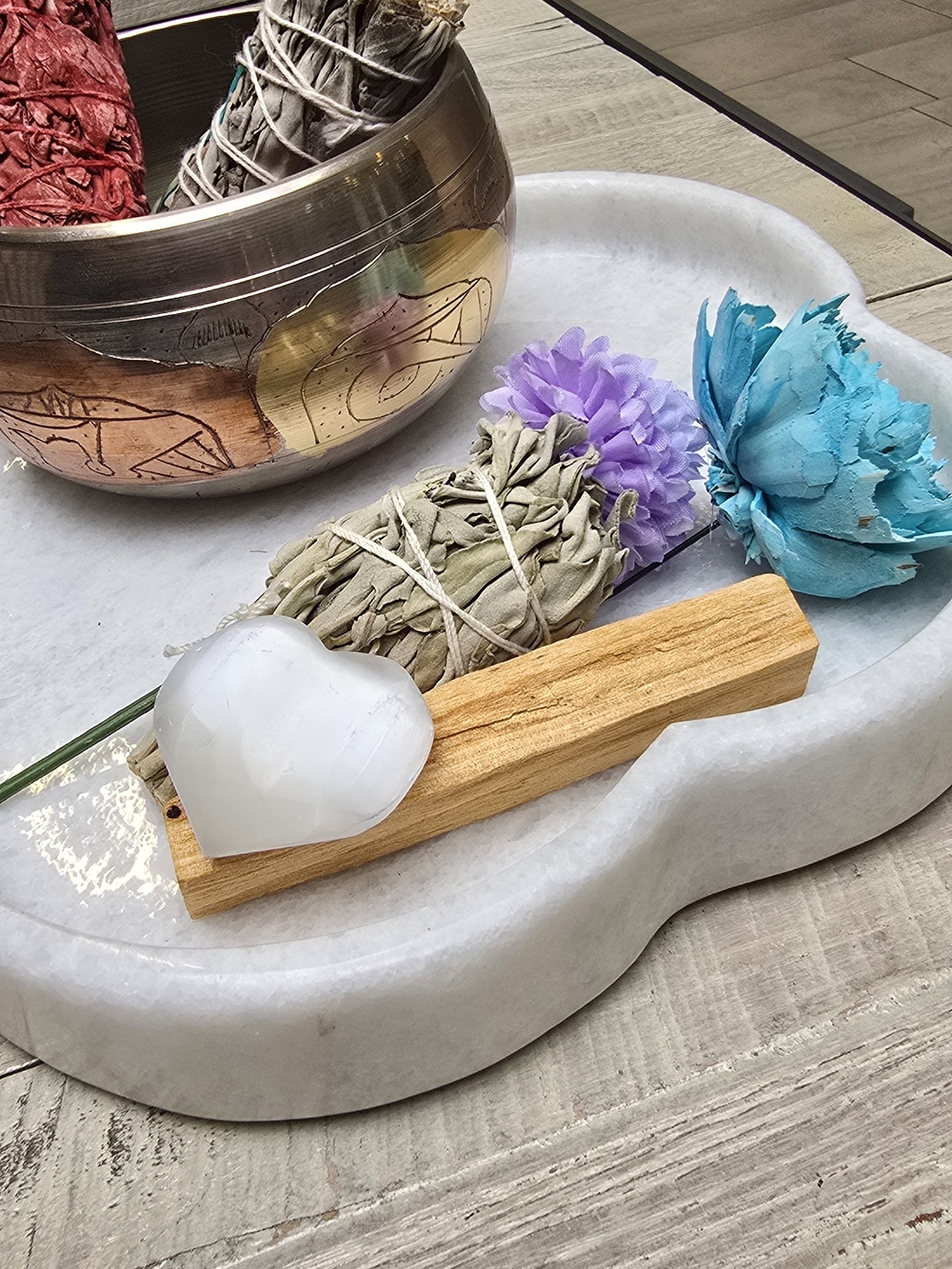White Heart Selenite Crystal on Palo Santo - Home Bath Accent